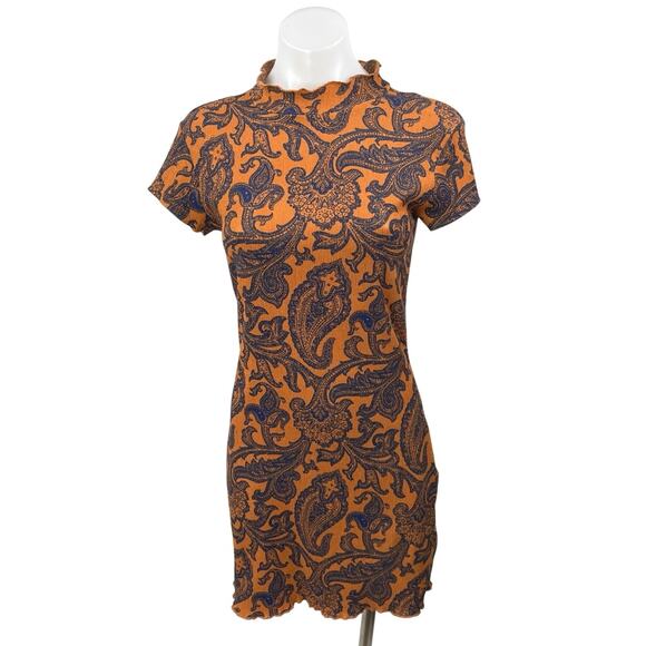 Urban Outfitters Orange Blue Floral Paisley Short Sleeve Mini Bodycon Dress Sz M - Picture 1 of 5